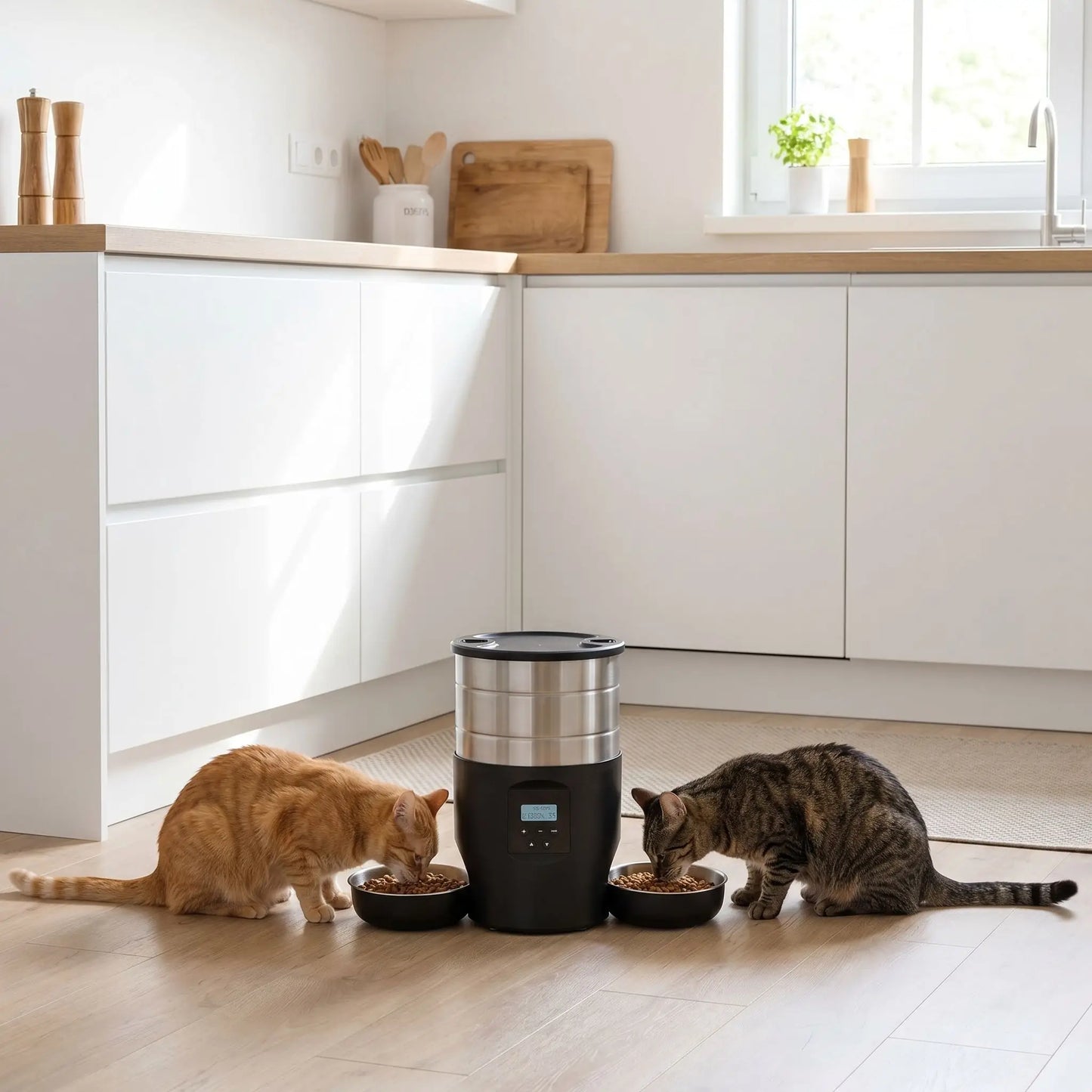 deux chats qui mangent dans un distributeur de croquettes pour chat noir