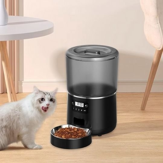 Chat Angora qui se régale avec son distributeur automatique croquettes chat SmartConnect noir.