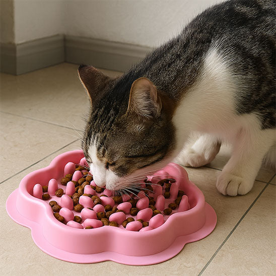 Chat bicolore mange dans Gamelle chat anti glouton ZenPlate rose