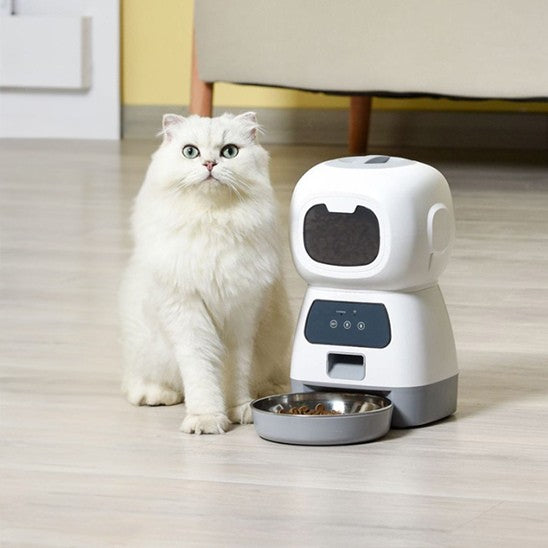 Chat blanc assis avec le distributeur croquette chat automatique FeliFeedBot wifi