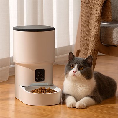 Chat couché à cÎté de son distributeur de croquettes chat ModernCat-Auto wifi