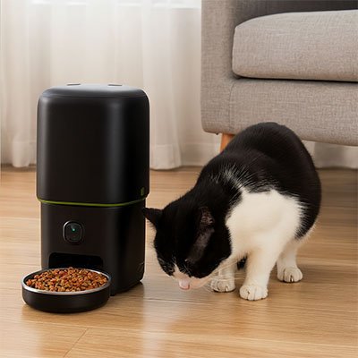 Chat noir et blanc qui mange avec le Distributeur automatique croquettes chat FeedMaster en 4 litres.