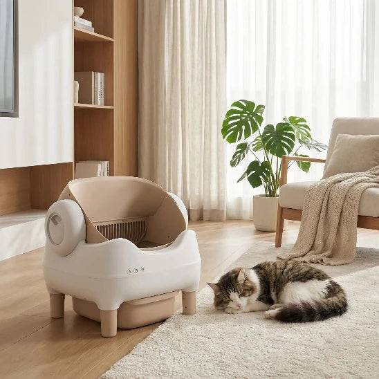 Chat qui dort à côté de sa Litière chat autonettoyante SmartClean