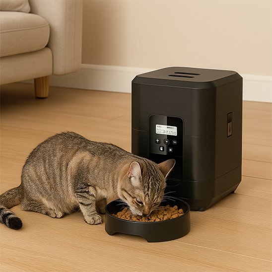 Chat qui mange dans le distributeur de croquettes pour chat WhiskerConnect.