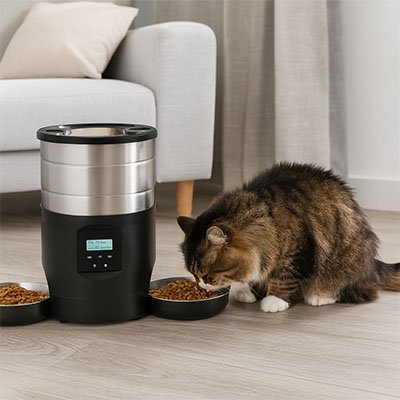 Chat qui mange dans le distributeur de croquettes pour chats AutoTwinFeeder noir.