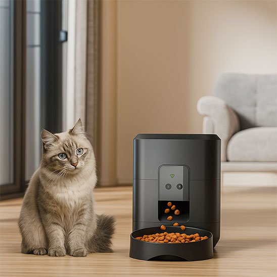 Chat qui observe les croquettes sortir du Distributeur de croquettes pour chat WhiskerConnect.