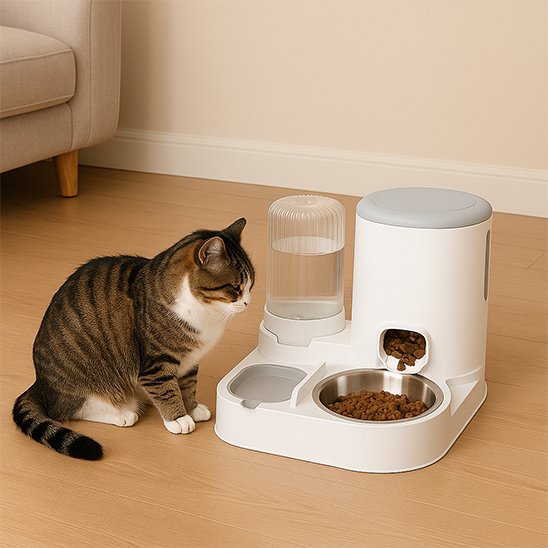 Chat qui regarde son distributeur de croquettes pour chat FoodFeline réservoir d’eau intégré