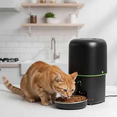 Chat roux qui mange dans une cuisine avec le distributeur automatique croquettes chat FeedMaster.
