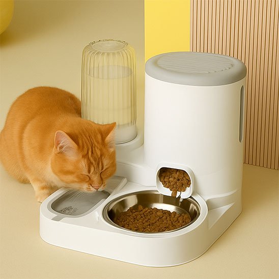 Chat roux qui boit dans réservoir d’eau intégré distributeur de croquettes pour chat FoodFeline