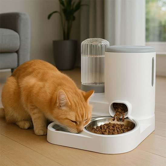 Chat roux qui mange dans son distributeur de croquettes pour chat FoodFeline.