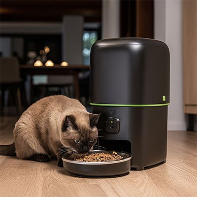 Chat siamois qui mange avec son Distributeur automatique croquettes chat FeedMaster