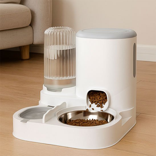 Distributeur de croquettes pour chat FoodFeline avec son réservoir d’eau intégré .
