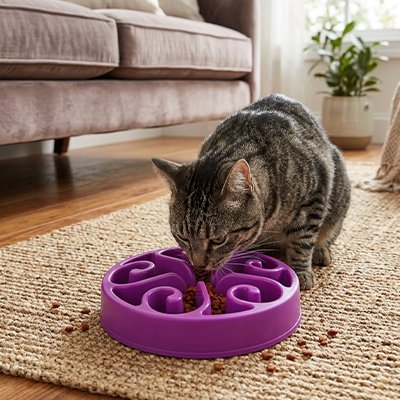 Chat qui mange dans sa Gamelle anti glouton Chat