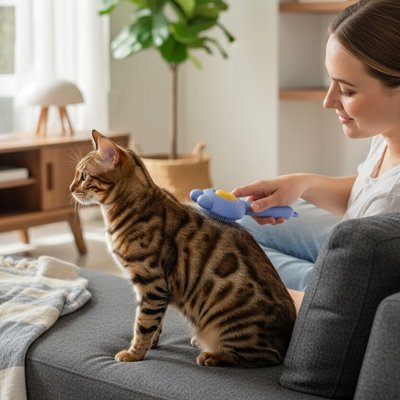 chat qui se fait brosser avec la Brosse pour Chat bleue