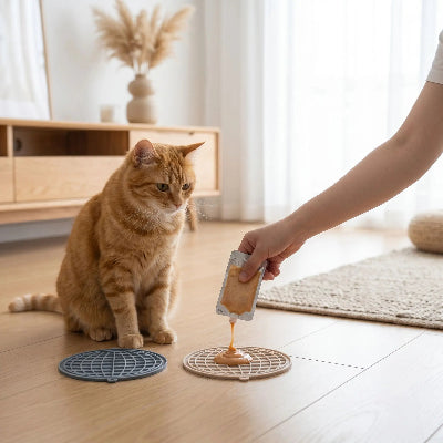 chat roux et tapis de lechage deux variantes couleur