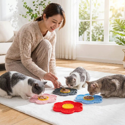 nourrissage de 3 chats avec leur tapis de léchage chat