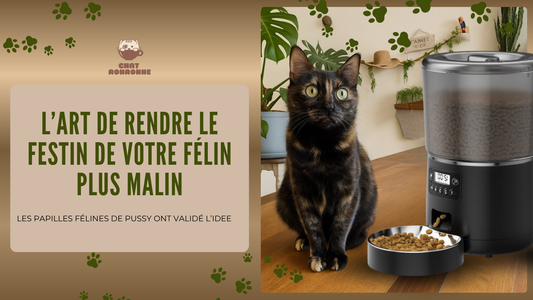 Chat robe écailles de tortue a coté de son distributeur de croquettes pour chat en bannière de blog