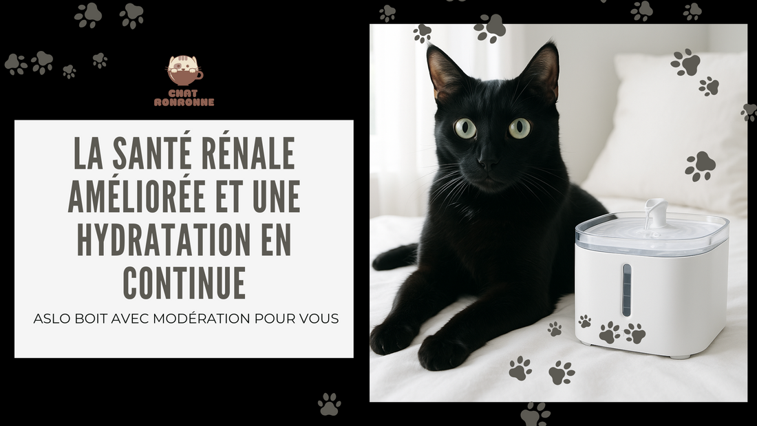 Chat noir en couverture de blog avec une fontaine à eau pour chat.