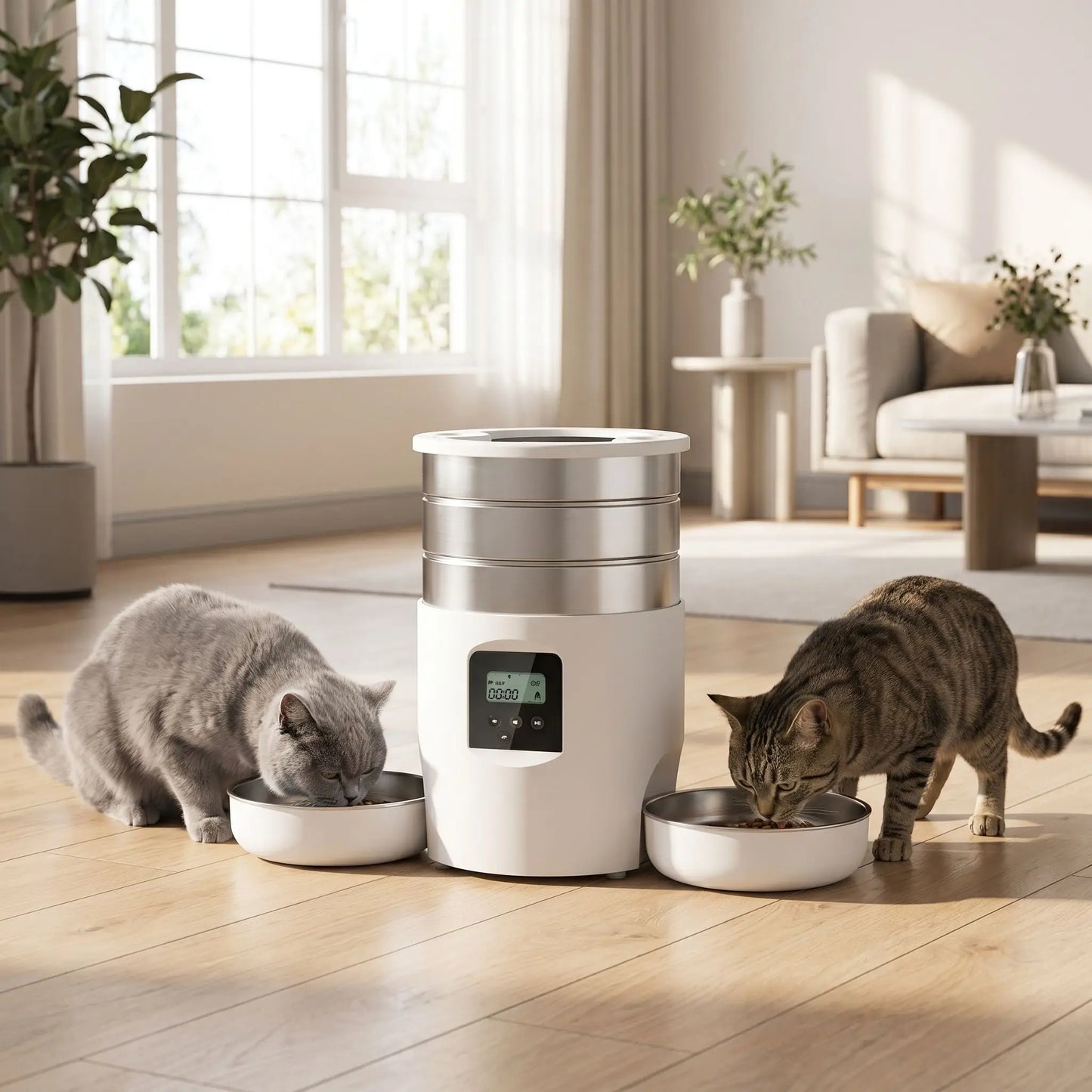 Deux Chats qui mangent dans distributeur de croquettes pour chat AutoTwinFeeder blanc