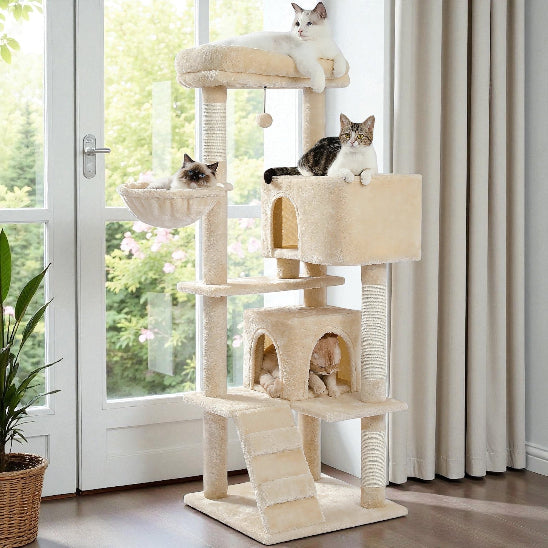 4 chats sur Arbre a chat proche porte fenêtre