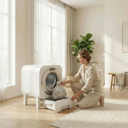 Adulte qui nettoie facilement le bac de la litière automatique