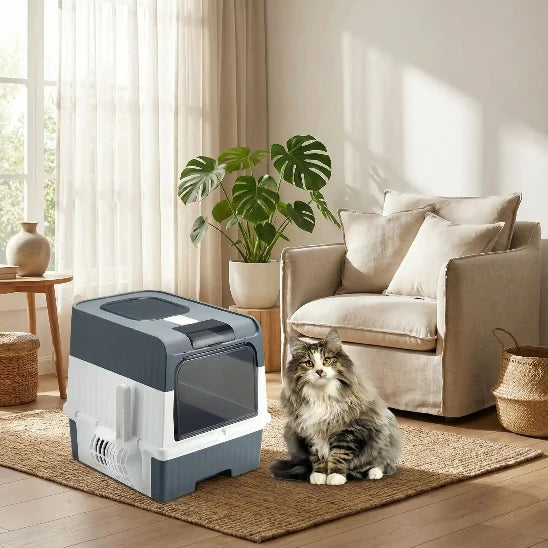 Bac à litière chat HomeClean gris et chat dans salon