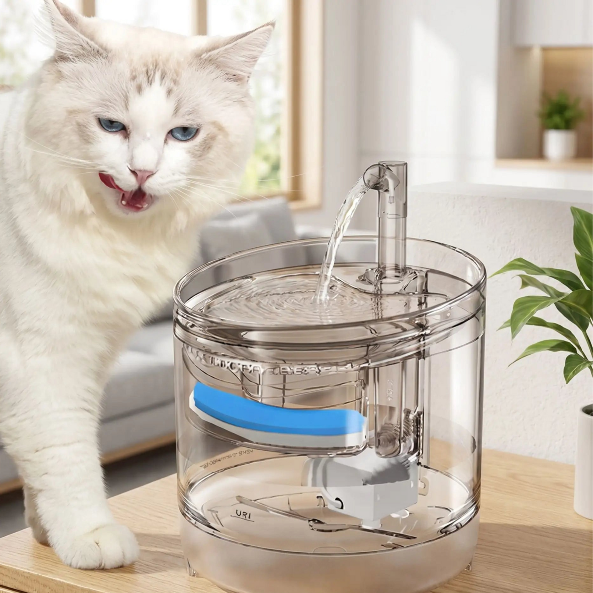 Chat angora et sa fontaine a eau chat CrystalSteel
