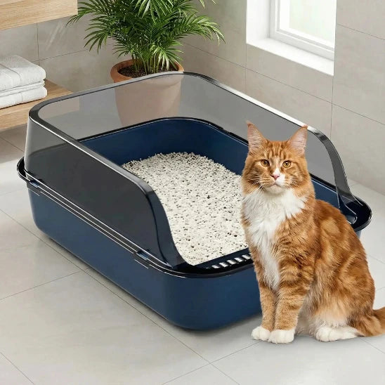 Chat MainCoon devant son bac à itière chat bleu