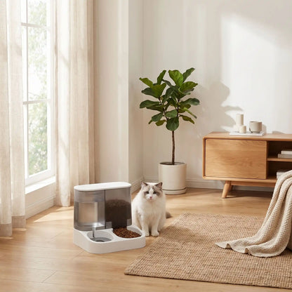 Chat angora, assis avec distributeur de croquettes pour chat purrfectsupply