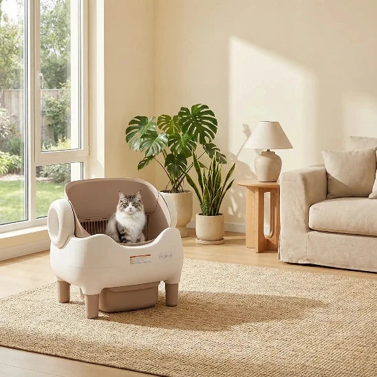 Chat angora assis dans sa litière chat  autonettoyante