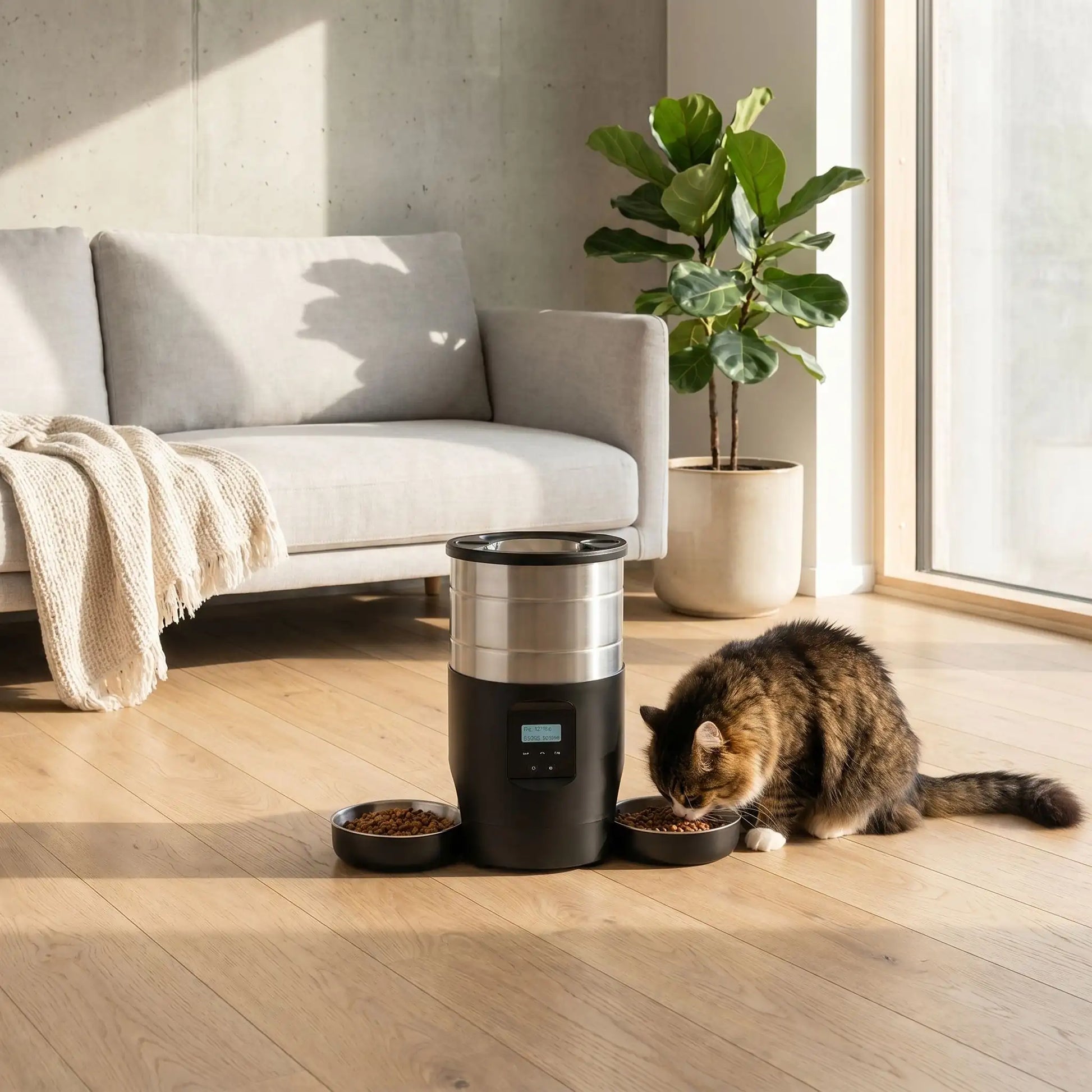 chat, angora qui mange dans son distributeur de croquettes pour chat AutoTwinFeeder