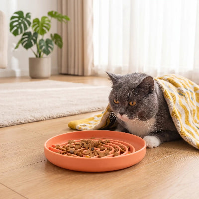 Chat anxieux devant gamelle anti glouton chat Harmony plate rose