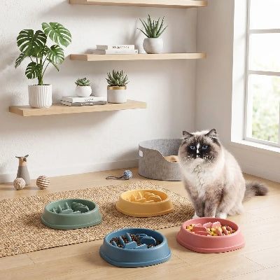 Chat assis à côté de la collection des gamelle anti glouton chat  CroqGreedy 