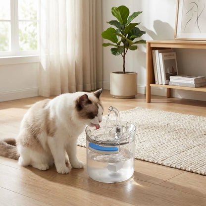Chat, assis à côté de sa fontaine a eau chat CrystalSteel