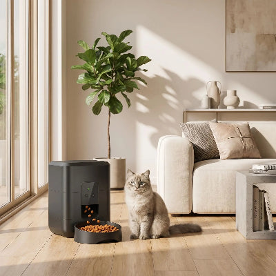 Chat, assis à côté de son distributeur de croquettes pour chat Whiskerconnect