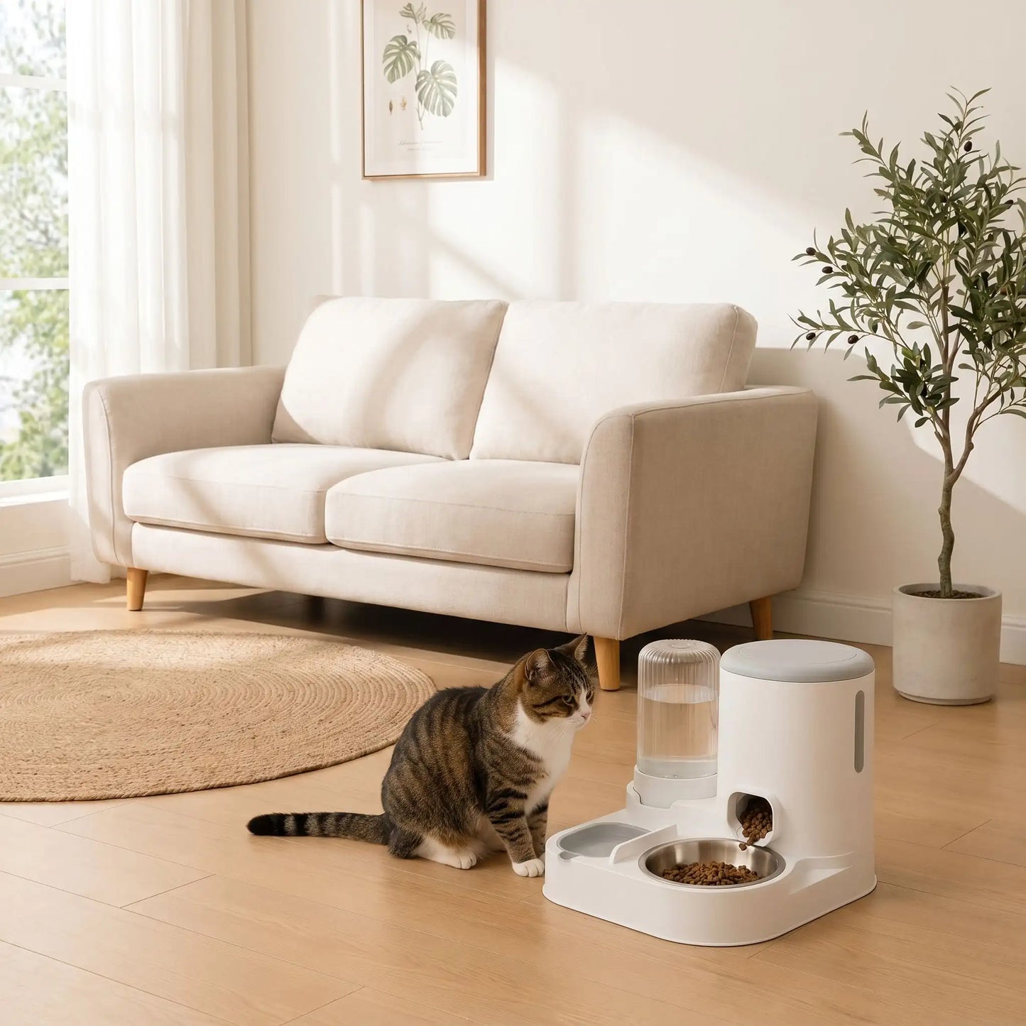 Chat, assis à côté de son distributeur de croquettes pour chat foodfeline