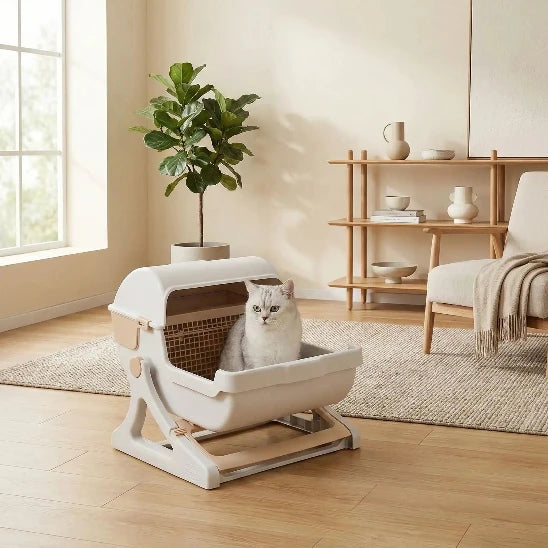 Chat assis dans sa Litière automatique pour chat SimplyCat-beige