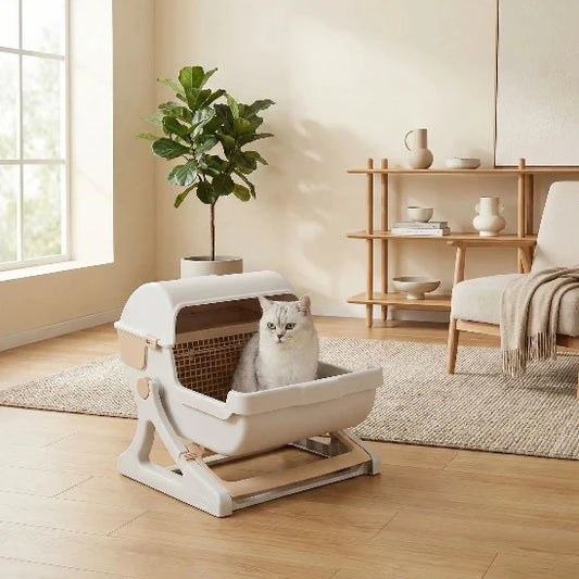 Chat assis dans sa Litière automatique pour chat SimplyCat-beige