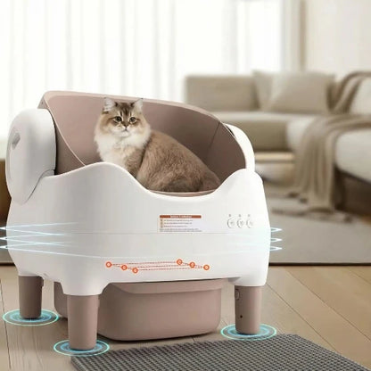 Chat assis dans sa litière chat autonettoyante