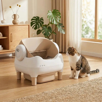Chat assis devant sa litière chat autonettoyante