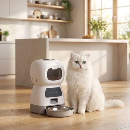 chat blanc assis avec le distributeur croquette chat automatique FeliFeedBot wifi