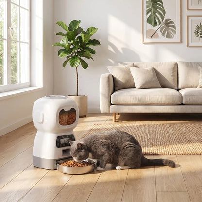 Chat et son distributeur croquette chat automatique FeliFeedBot sans wi-fi