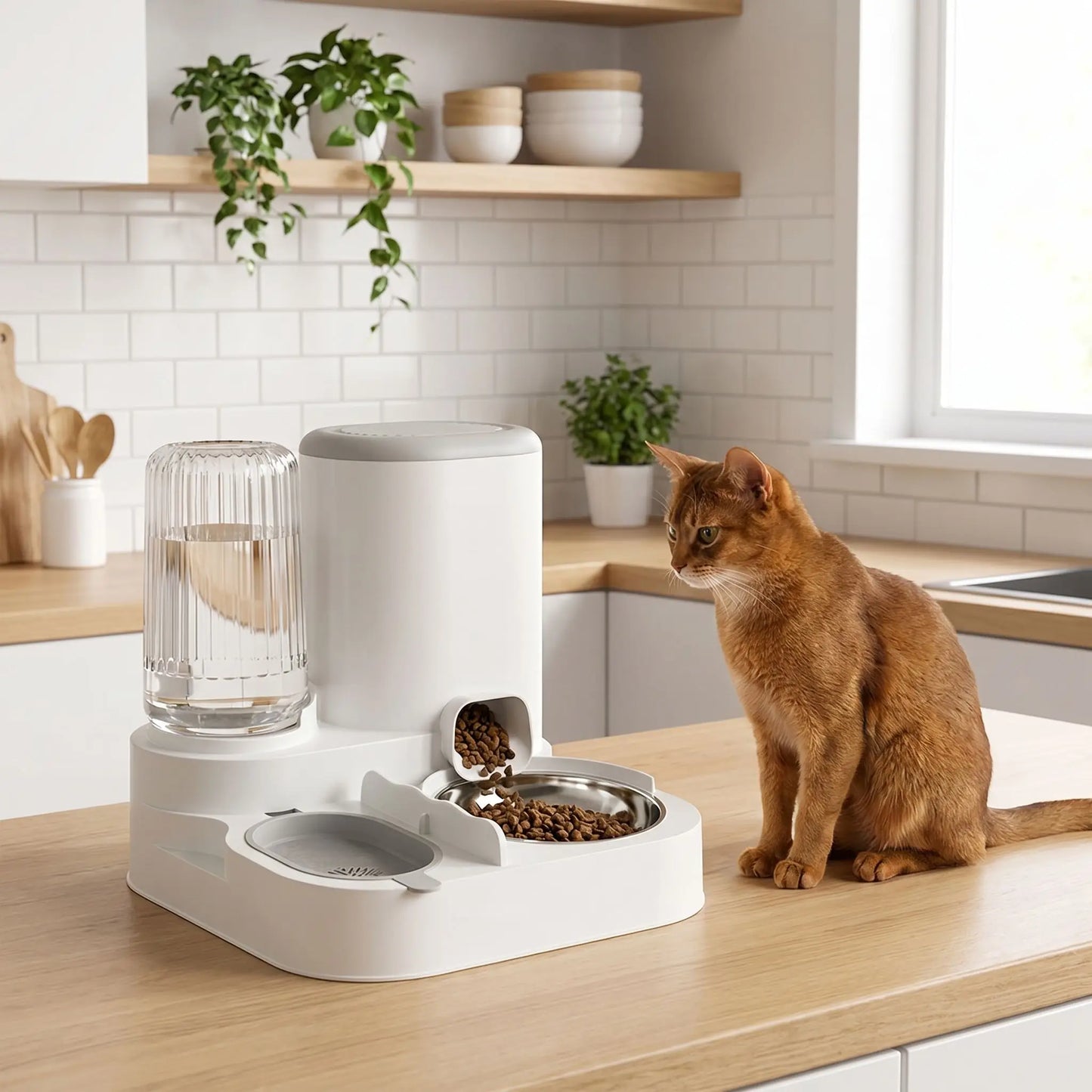 Chat et son distributeur de croquettes pour chat foodfeline