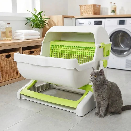 Chat gris assis avec sa Llitière automatique pour chat SimplyCat verte