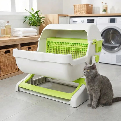 Chat gris assis avec sa Llitière automatique pour chat SimplyCat verte