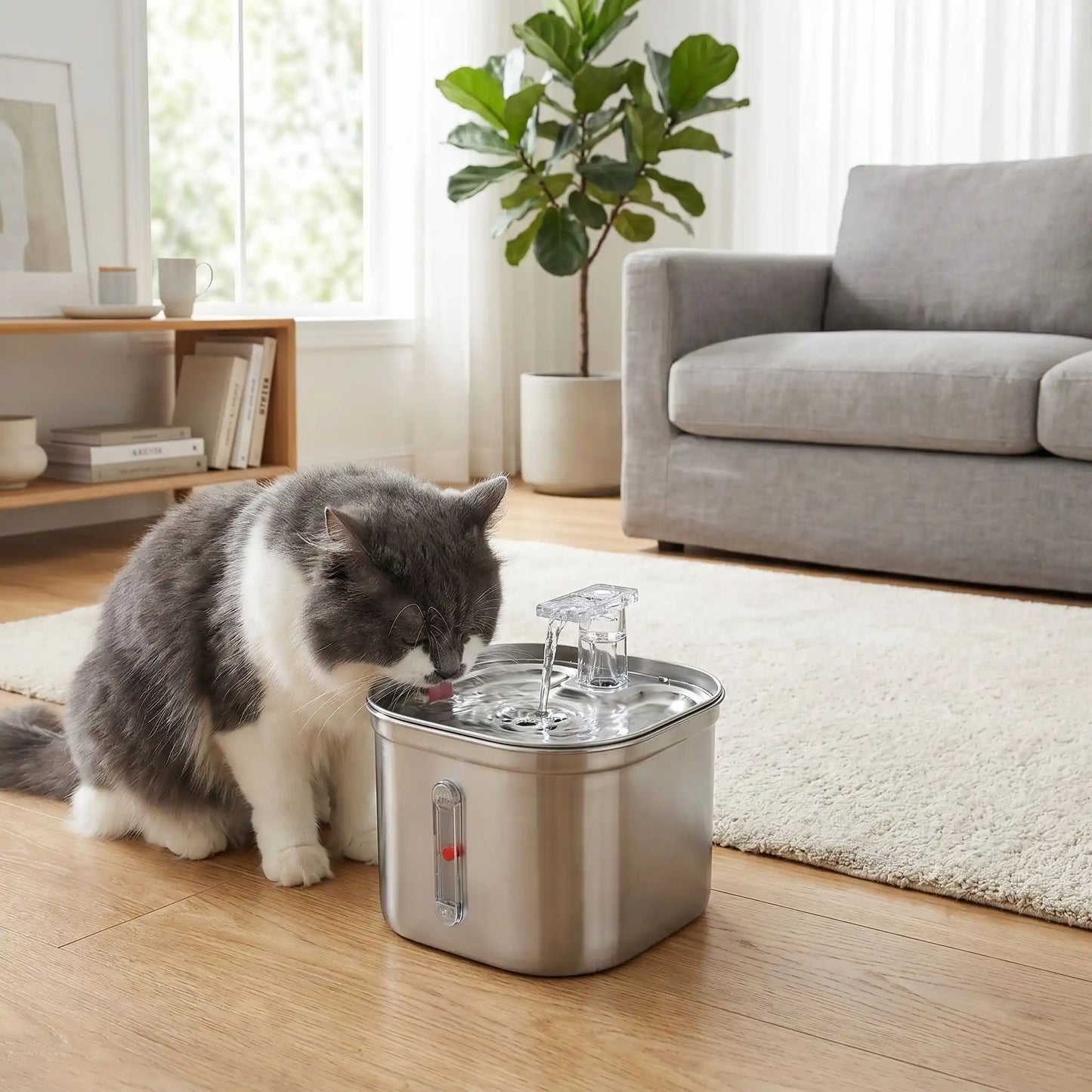 Chat gris et blanc et fontaine a eau chat inoxflow