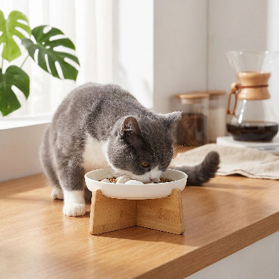Chat gris et blanc qui mange dans gamelle anti glouton chat Zenbowl socle blanche