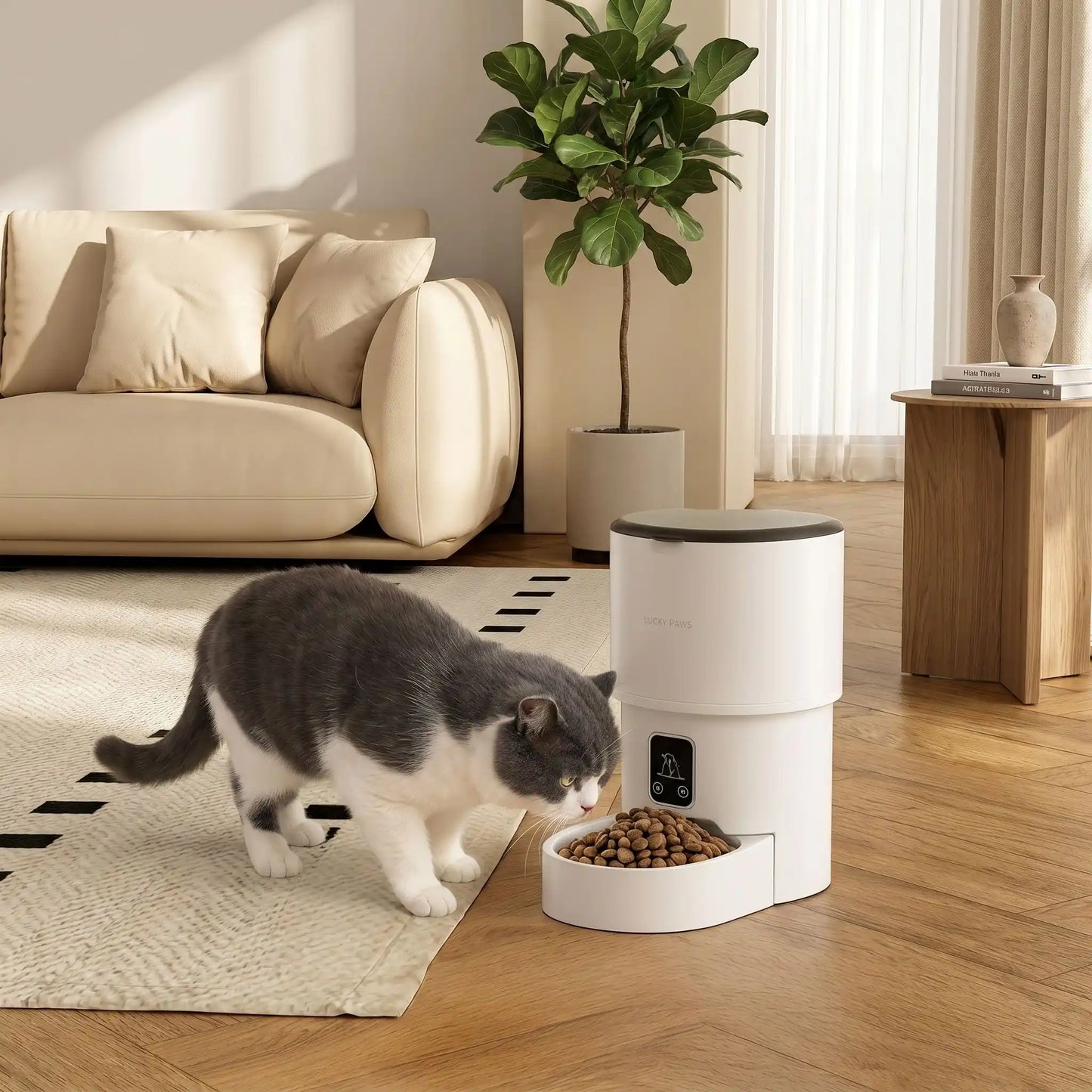  chat gris et blanc qui mange dans son distributeur de croquettes chat ModernCat-Auto avec wifi