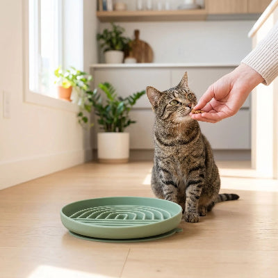 Chat gris qui attend devant gamelle anti glouton chat Harmony Plate verte
