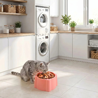 Chat qui mange dans sa gamelle anti glouton chat CatFunBowl rose